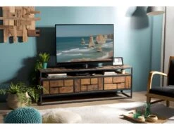 ALIDA - Meuble TV 3 Tiroirs 1 étagère Teck Recyclé Métal Noir