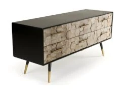 DALIE - Meuble TV Noir 6 Tiroirs Scandi Bois Sapin Marqueté Pieds Métal Doré -Deco.fr Soldes Boutique meuble tv 14651243