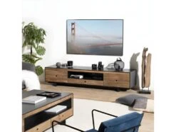 ANDREA - Meuble TV 3 Tiroirs 1 Niche Bois Pin Recyclé Naturel Et Noir