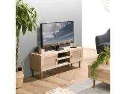 ADELE - Meuble TV 2 Niches 2 Portes Toile De Jute Pieds Métal Doré