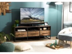 ALIDA - Meuble TV Marron 3 Niches 3 Tiroirs Teck Recyclé Et Métal Noir