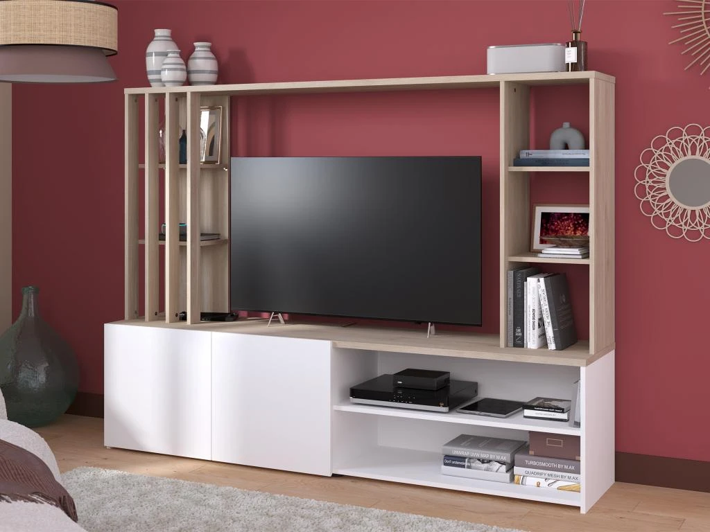 Mur TV Avec Rangements - Naturel Et Blanc - GORBELLA 1 Mur TV Avec Rangements - Naturel Et Blanc - GORBELLA