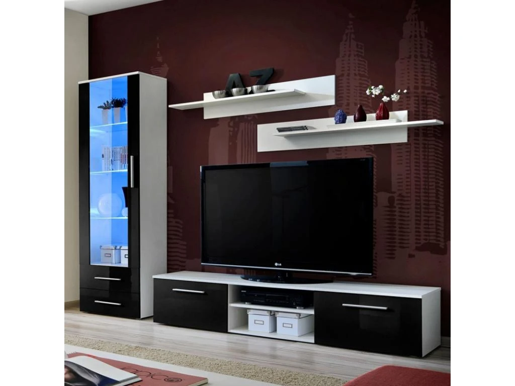 Ensemble Meuble TV & Bibliothèque "Galino I White" 250cm Noir & Blanc 1 Ensemble Meuble TV & Bibliothèque "Galino I White" 250cm Noir & Blanc