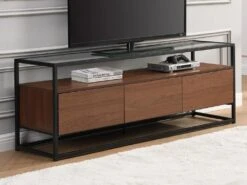 Meuble TV Avec 3 Tiroirs En MDF, Verre Trempé Et Métal - Naturel Foncé Et Noir - CAMATA -Deco.fr Soldes Boutique meuble tv 15895553