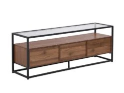 Meuble TV Avec 3 Tiroirs En MDF, Verre Trempé Et Métal - Naturel Foncé Et Noir - CAMATA -Deco.fr Soldes Boutique meuble tv 15895555