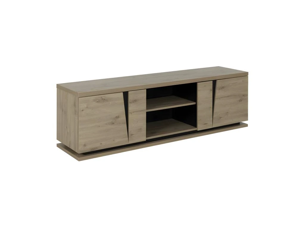 Meuble TV 2 Portes 2 Niches Chêne Naturel/Noir - LIGNAC 1 Meuble TV 2 Portes 2 Niches Chêne Naturel/Noir - LIGNAC