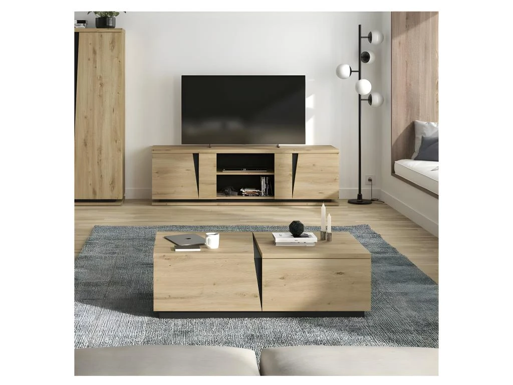 Meuble TV 2 Portes 2 Niches Chêne Naturel/Noir - LIGNAC 2 Meuble TV 2 Portes 2 Niches Chêne Naturel/Noir - LIGNAC – Image 2