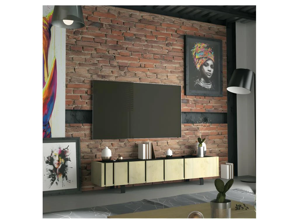 Meuble TV 3 Portes Chêne Clair/Ardoise - FOREST 2 Meuble TV 3 Portes Chêne Clair/Ardoise - FOREST – Image 2