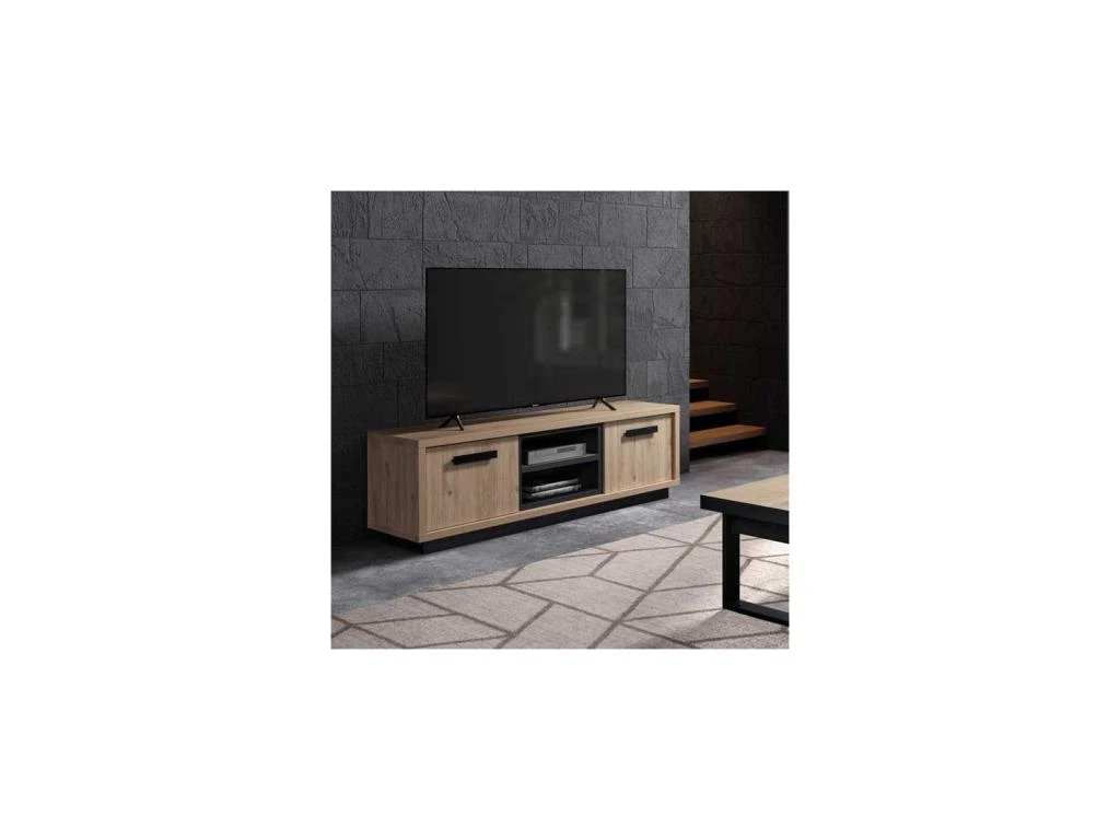 Meuble TV 2 Portes 2 Niches Bois Clair/Béton Ciré - HESTIA 2 Meuble TV 2 Portes 2 Niches Bois Clair/Béton Ciré - HESTIA – Image 2