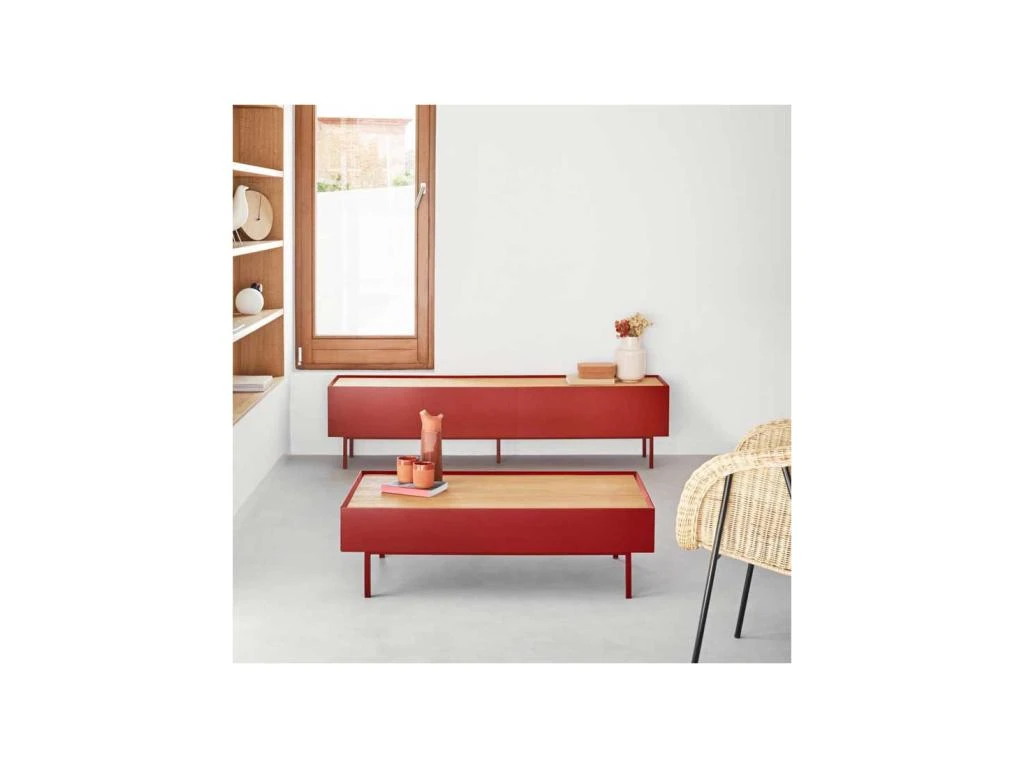 Meuble TV 2 Tiroirs 1 Abattant Rouge/Chêne - TEULAT ARISTA 2 Meuble TV 2 Tiroirs 1 Abattant Rouge/Chêne - TEULAT ARISTA – Image 2