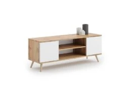 Meuble TV Focus Chêne Doré - Blanc, Pieds Bois, Style Scandinave