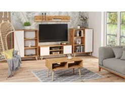 Meuble TV Focus Chêne Doré - Blanc, Pieds Bois, Style Scandinave -Deco.fr Soldes Boutique meuble tv 18315783