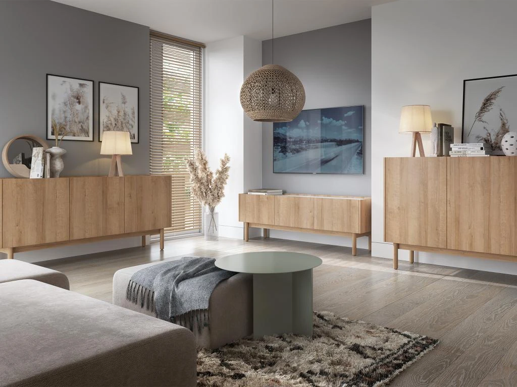 Meuble TV Avec 3 Portes - Naturel Clair Et Effet Marbre Blanc - SITOLI 2 Meuble TV Avec 3 Portes - Naturel Clair Et Effet Marbre Blanc - SITOLI – Image 2