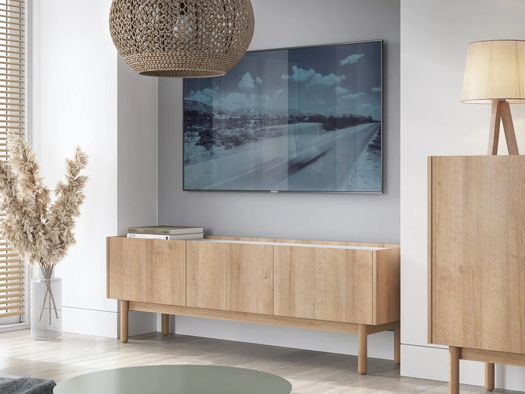 Meuble TV Avec 3 Portes - Naturel Clair Et Effet Marbre Blanc - SITOLI 4 Meuble TV Avec 3 Portes - Naturel Clair Et Effet Marbre Blanc - SITOLI – Image 4