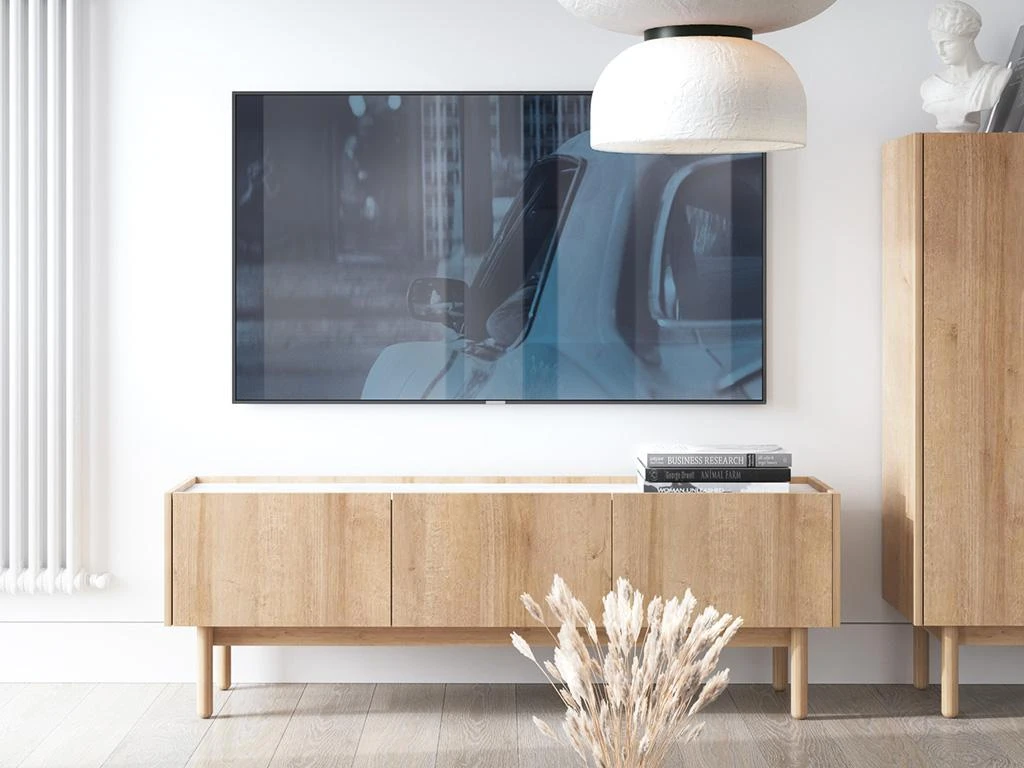 Meuble TV Avec 3 Portes - Naturel Clair Et Effet Marbre Blanc - SITOLI 7 Meuble TV Avec 3 Portes - Naturel Clair Et Effet Marbre Blanc - SITOLI – Image 7