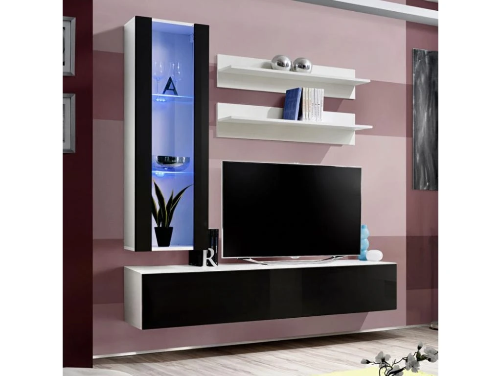 Meuble TV Mural Design "Fly II" 190cm Noir & Blanc 1 Meuble TV Mural Design "Fly II" 190cm Noir & Blanc