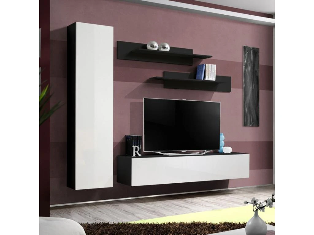 Meuble TV Mural Design "Fly I" 210cm Blanc & Noir 1 Meuble TV Mural Design "Fly I" 210cm Blanc & Noir