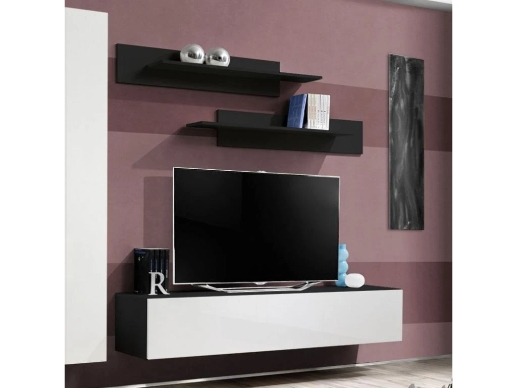 Meuble TV Mural Design "Fly I" 210cm Blanc & Noir 3 Meuble TV Mural Design "Fly I" 210cm Blanc & Noir – Image 3