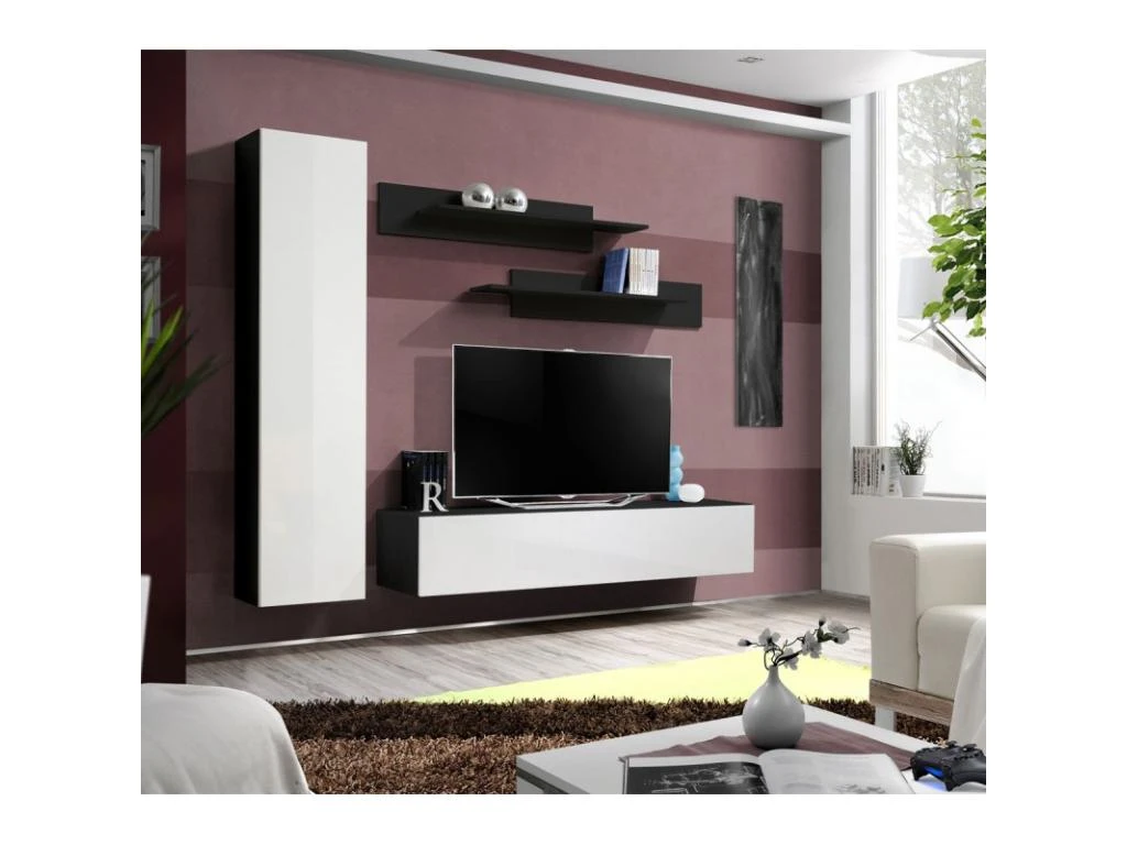Meuble TV Mural Design "Fly I" 210cm Blanc & Noir 4 Meuble TV Mural Design "Fly I" 210cm Blanc & Noir – Image 4