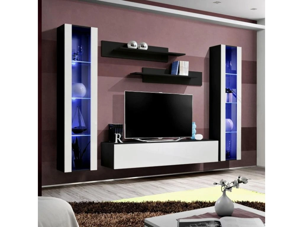 Meuble TV Mural Design "Fly II" 260cm Blanc & Noir 1 Meuble TV Mural Design "Fly II" 260cm Blanc & Noir