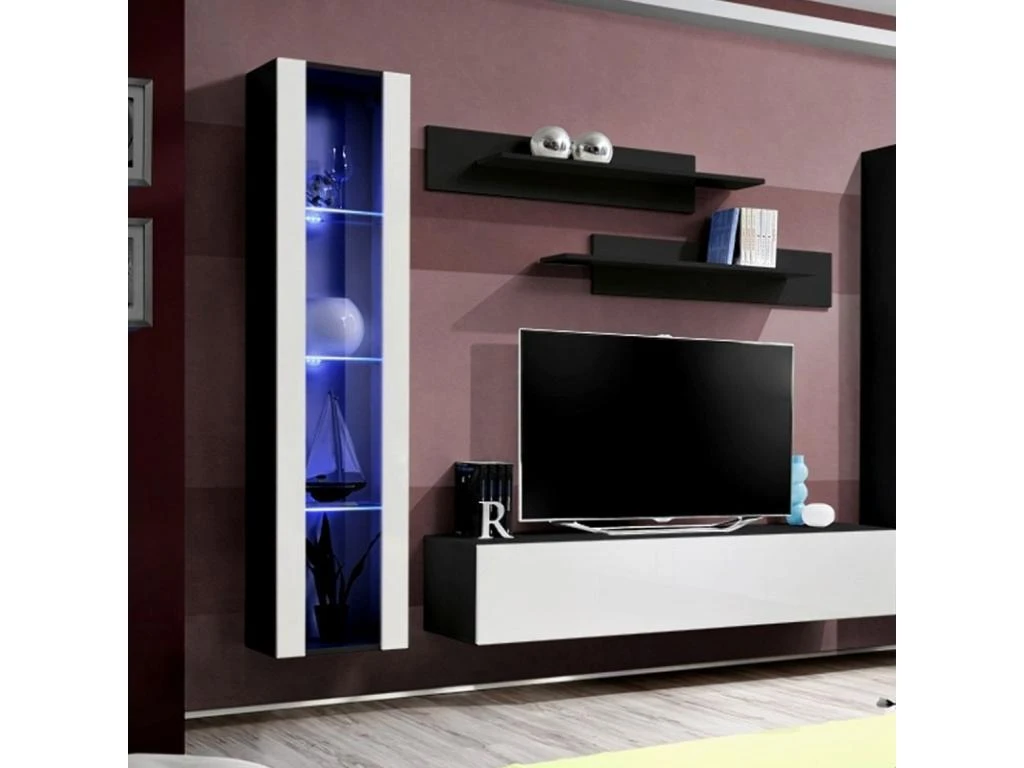 Meuble TV Mural Design "Fly II" 260cm Blanc & Noir 2 Meuble TV Mural Design "Fly II" 260cm Blanc & Noir – Image 2