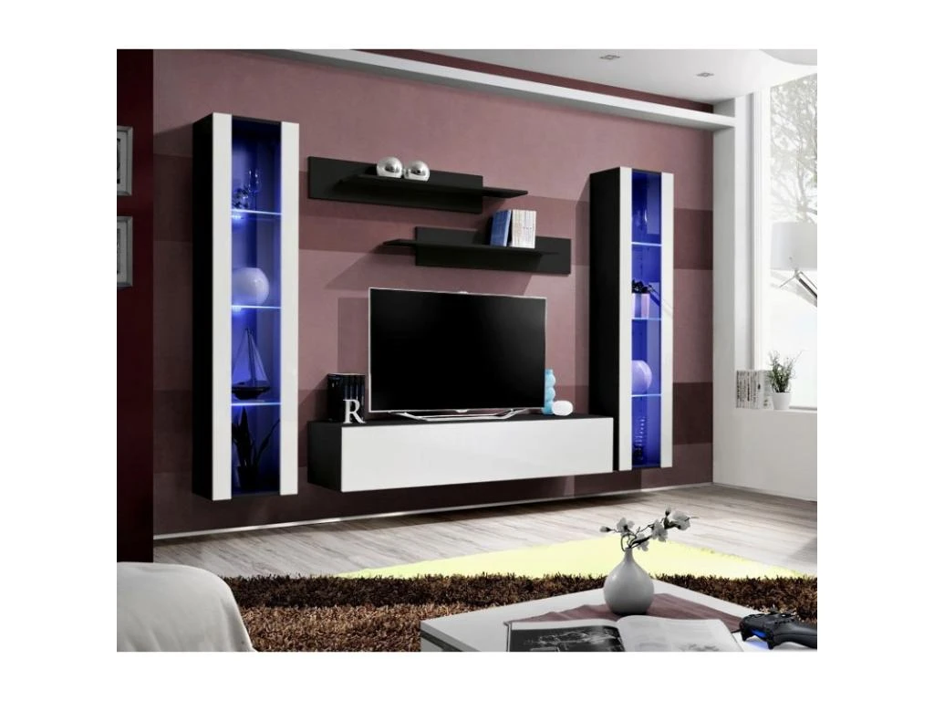 Meuble TV Mural Design "Fly II" 260cm Blanc & Noir 4 Meuble TV Mural Design "Fly II" 260cm Blanc & Noir – Image 4