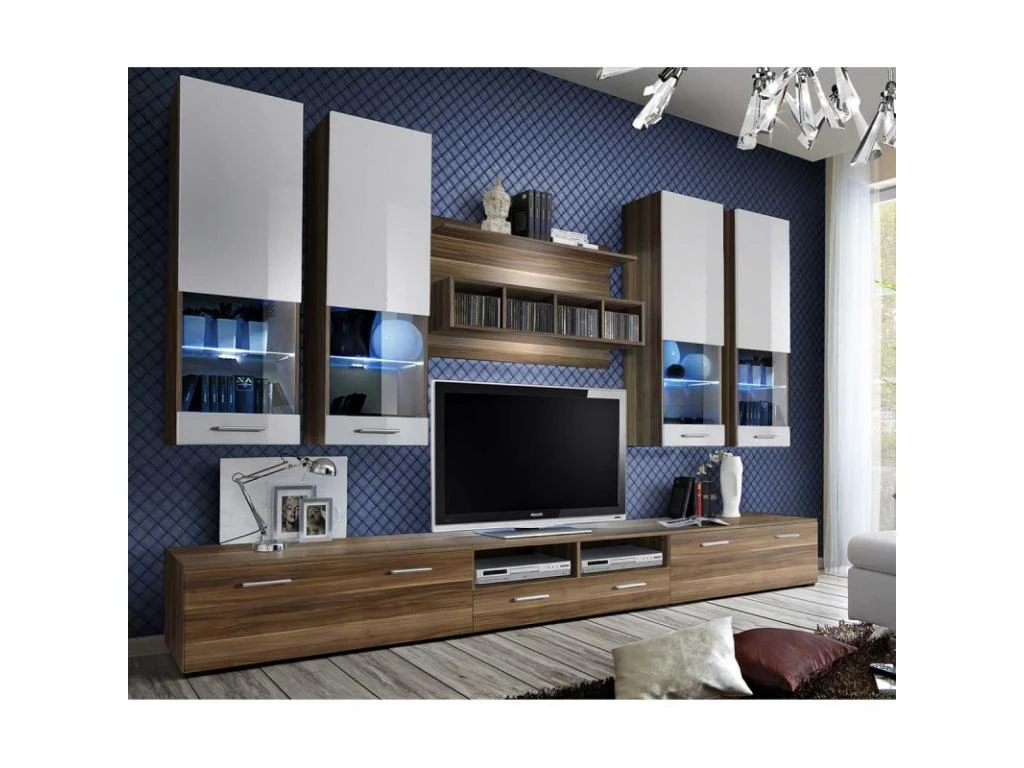 Meuble TV Mural Design "Dorade" 300cm Prunier & Blanc 1 Meuble TV Mural Design "Dorade" 300cm Prunier & Blanc