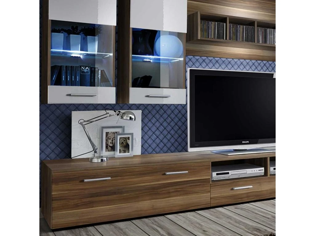 Meuble TV Mural Design "Dorade" 300cm Prunier & Blanc 3 Meuble TV Mural Design "Dorade" 300cm Prunier & Blanc – Image 3