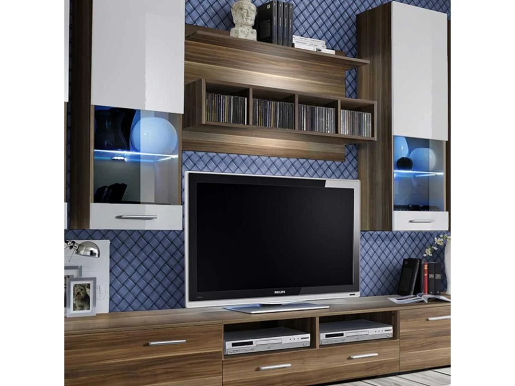 Meuble TV Mural Design "Dorade" 300cm Prunier & Blanc 4 Meuble TV Mural Design "Dorade" 300cm Prunier & Blanc – Image 4