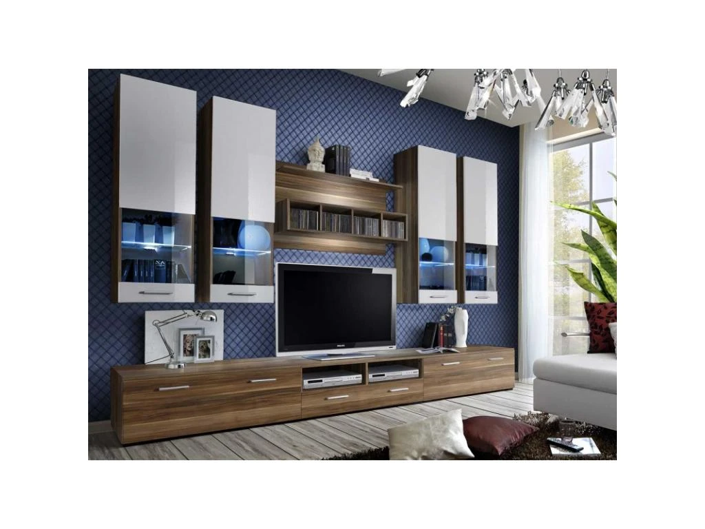 Meuble TV Mural Design "Dorade" 300cm Prunier & Blanc 5 Meuble TV Mural Design "Dorade" 300cm Prunier & Blanc – Image 5