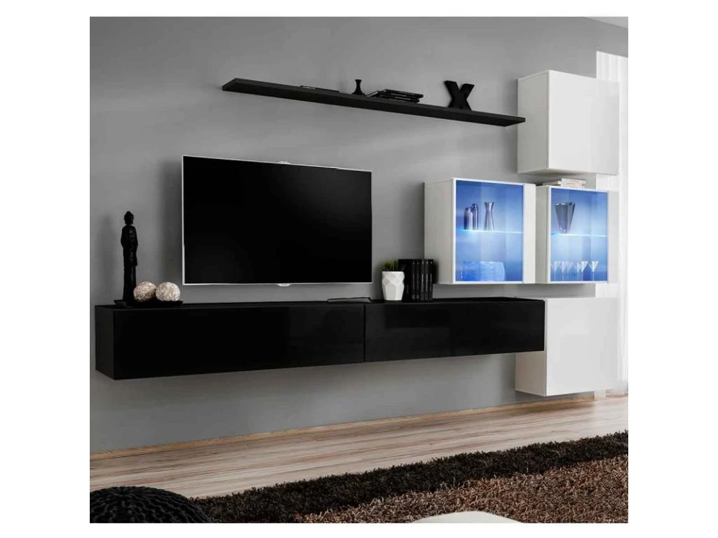 Meuble TV Mural Design "Switch XIX" 310cm Noir & Blanc 1 Meuble TV Mural Design "Switch XIX" 310cm Noir & Blanc