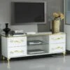 Meuble TV 4 Tiroirs Laque Blanc Brillant / Or - SEBORGA - L 160 X L 48 X H 61 Cm -Deco.fr Soldes Boutique meuble tv 19823959