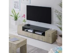 Meuble TV 4 Portes 2 Niches Chêne/Anthracite - ZAJE - L 138 X L 42 X H 36 Cm