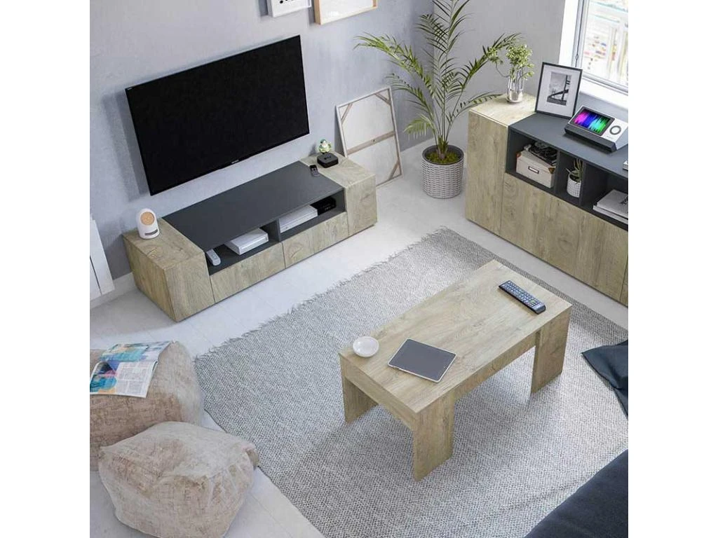 Meuble TV 4 Portes 2 Niches Chêne/Anthracite - ZAJE - L 138 X L 42 X H 36 Cm 5 Meuble TV 4 Portes 2 Niches Chêne/Anthracite - ZAJE - L 138 X L 42 X H 36 Cm – Image 5