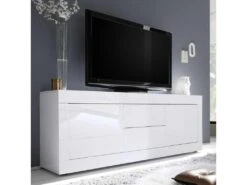 Meuble TV Moderne 2 Portes En Bois Blanc Laqué Brillant - MILAN - L 210 X L 43 X H 66 Cm