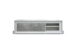 Meuble TV 2 Portes 2 Niches Blanc/Béton Ciré à LEDs - RODIO - L 170 X L 52 X H 49 Cm