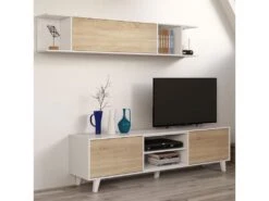 Composition TV Blanc Brillant/Chêne Clair - STOCKTON 9 Composition TV Blanc Brillant/Chêne Clair - STOCKTON -Deco.fr Soldes Boutique meuble tv 19824475