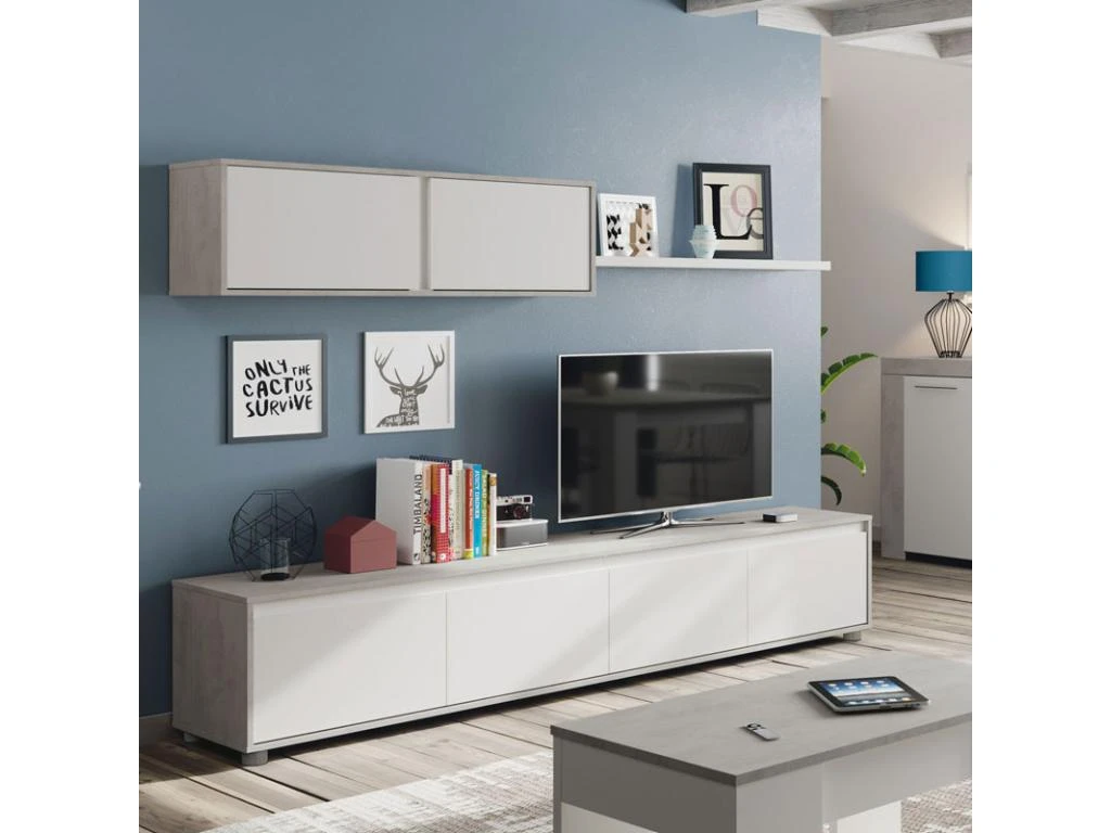 Composition TV Blanc/Béton Ciré Clair - RUINUI 1 Composition TV Blanc/Béton Ciré Clair - RUINUI