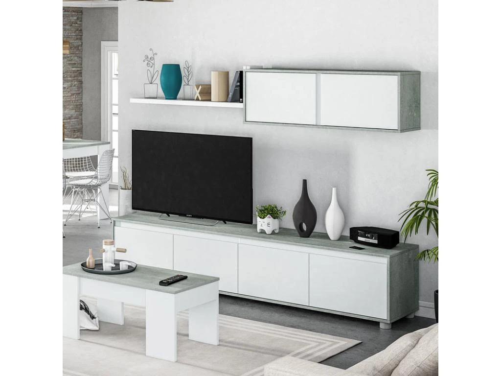 Composition TV Blanc/Béton Ciré Clair - RUINUI 2 Composition TV Blanc/Béton Ciré Clair - RUINUI – Image 2