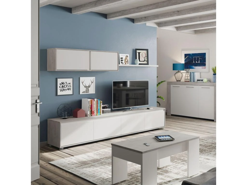 Composition TV Blanc/Béton Ciré Clair - RUINUI 3 Composition TV Blanc/Béton Ciré Clair - RUINUI – Image 3