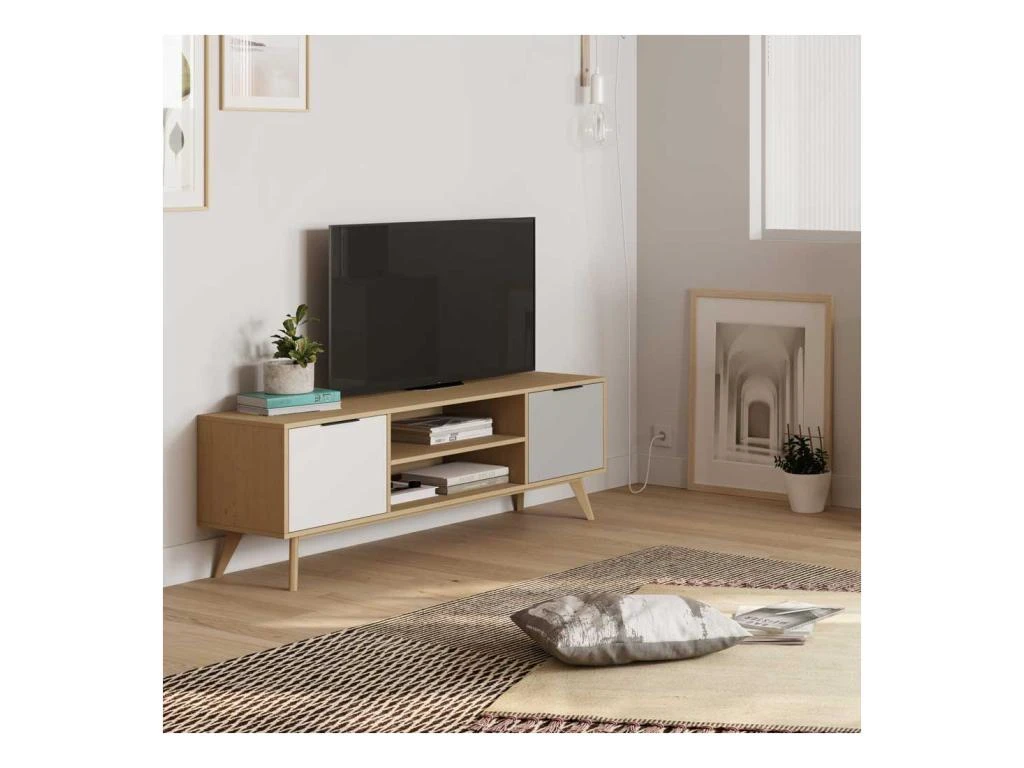 Meuble TV 2 Porte 2 Niches Bois/Blanc/Gris - FAEL 1 Meuble TV 2 Porte 2 Niches Bois/Blanc/Gris - FAEL