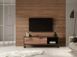 Meuble TV Avec 2 Tiroirs Et 1 Niche En Bois D'acacia Et Métal - Naturel Foncé Et Noir - ALYONA
