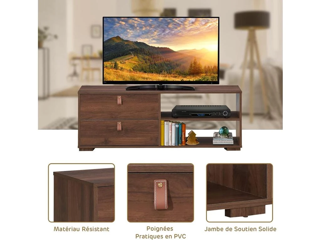 Meuble Tv En Bois Pour Téléviseur Banc Tv Avec 2 Tiroirs étagère Réglable Jusqu'à 139,7 Cm 120 X 39 X 44 Cm 2 Meuble Tv En Bois Pour Téléviseur Banc Tv Avec 2 Tiroirs étagère Réglable Jusqu'à 139,7 Cm 120 X 39 X 44 Cm – Image 2