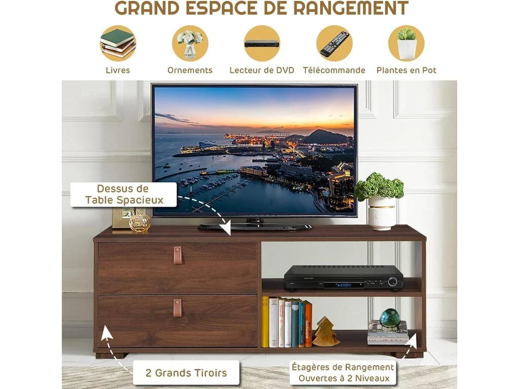 Meuble Tv En Bois Pour Téléviseur Banc Tv Avec 2 Tiroirs étagère Réglable Jusqu'à 139,7 Cm 120 X 39 X 44 Cm 3 Meuble Tv En Bois Pour Téléviseur Banc Tv Avec 2 Tiroirs étagère Réglable Jusqu'à 139,7 Cm 120 X 39 X 44 Cm – Image 3