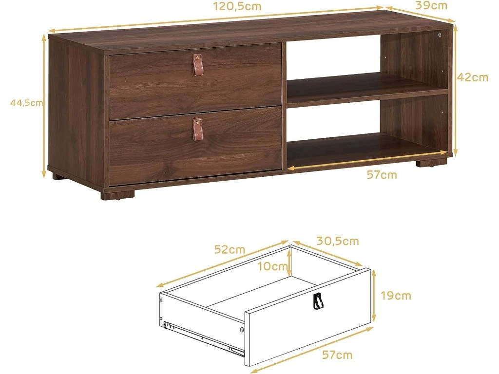 Meuble Tv En Bois Pour Téléviseur Banc Tv Avec 2 Tiroirs étagère Réglable Jusqu'à 139,7 Cm 120 X 39 X 44 Cm 5 Meuble Tv En Bois Pour Téléviseur Banc Tv Avec 2 Tiroirs étagère Réglable Jusqu'à 139,7 Cm 120 X 39 X 44 Cm – Image 5
