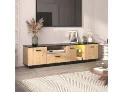 Meuble TV 180cm Avec LED Style Moderne - 1 Tiroir + 3 Portes + 2 Conpartiments - Naturel