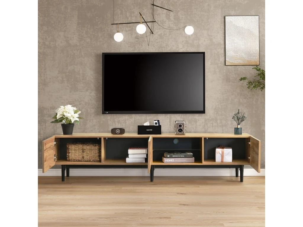 Meuble TV 175cm Industriel Avec LED - 3 Portes + 2 étagères - Naturel 2 Meuble TV 175cm Industriel Avec LED - 3 Portes + 2 étagères - Naturel – Image 2