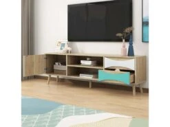 Meuble TV 150cm Avec étagère - 2 Portes Et 2 Compartiments - Naturel