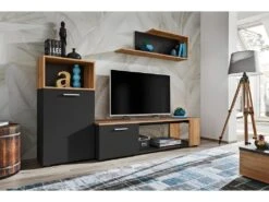 Ensemble De 3 Meubles Design Pour Votre Salon Collection MOZES. Coloris Noir Et Chêne -Deco.fr Soldes Boutique meuble tv 21139357