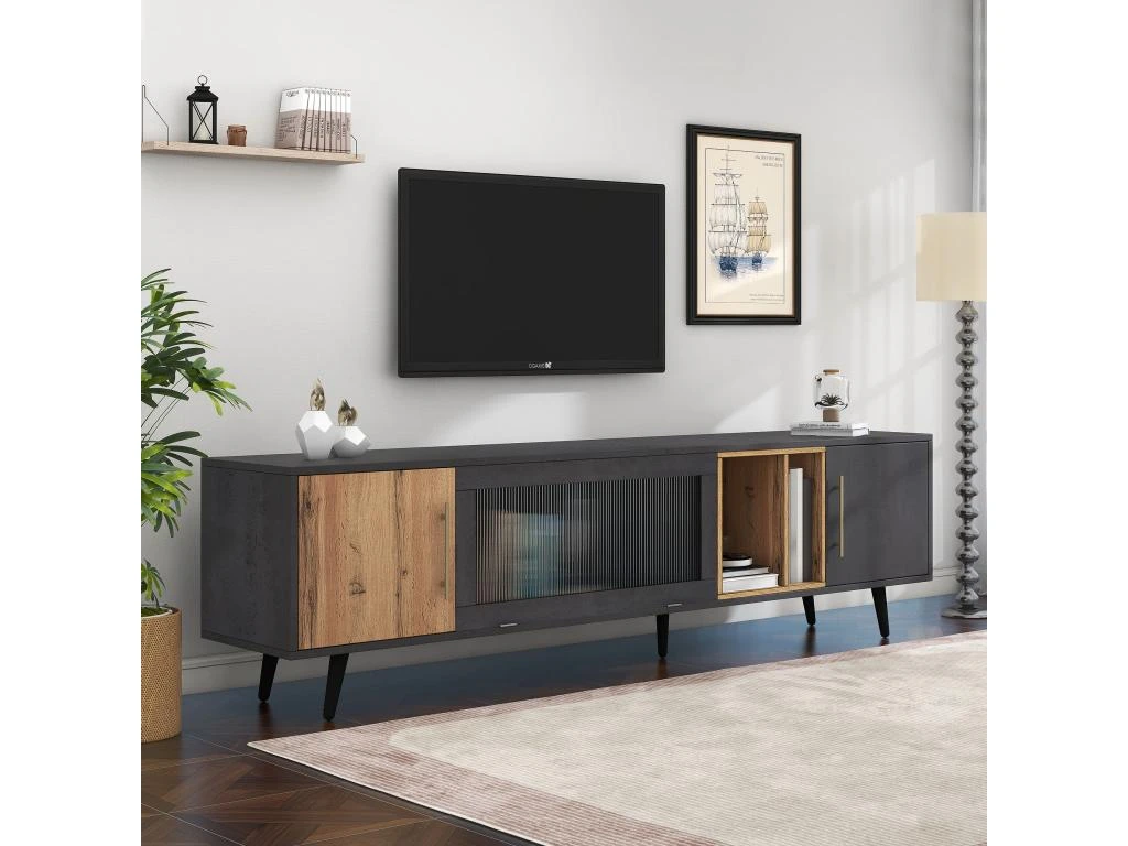 Meuble TV 200cm - Adapté Pour TV 90" - Avec Un Grand Espace De Rangement - Noir 2 Meuble TV 200cm - Adapté Pour TV 90" - Avec Un Grand Espace De Rangement - Noir – Image 2